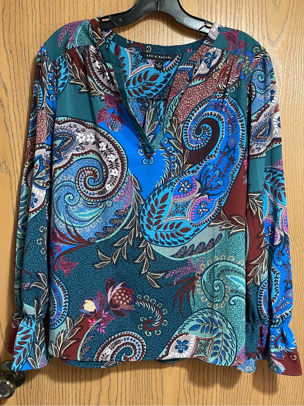 Zac & Rachel Teal and Blue Paisley V-Neck Blouse
